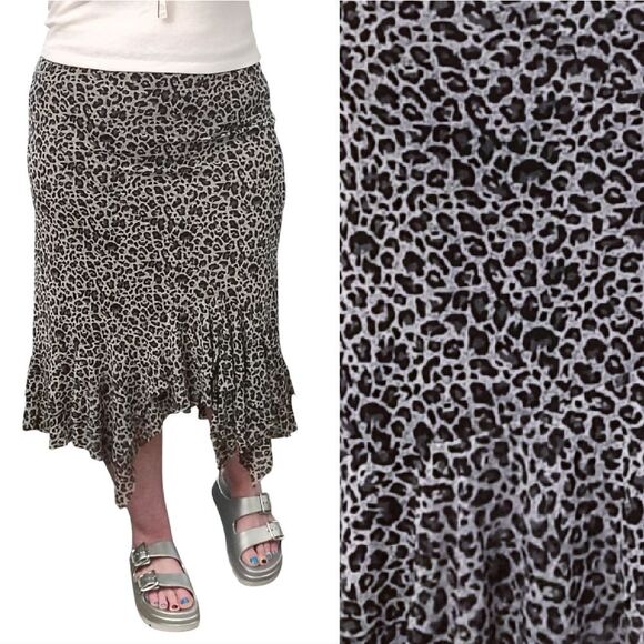 VTG Black White Leopard Pull On Ruffled Midi Slip Skirt *Fits Like Medium - Picture 1 of 10